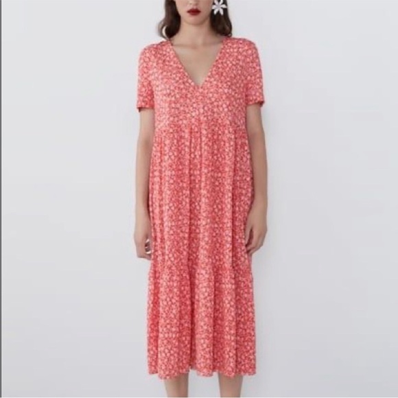 Zara red floral tiered midi dress small - Picture 2 of 9